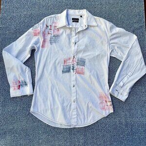 7 Diamonds Mens Long-Sleeve Button-Up Shirt With Red & Blue Abstract Print Retro